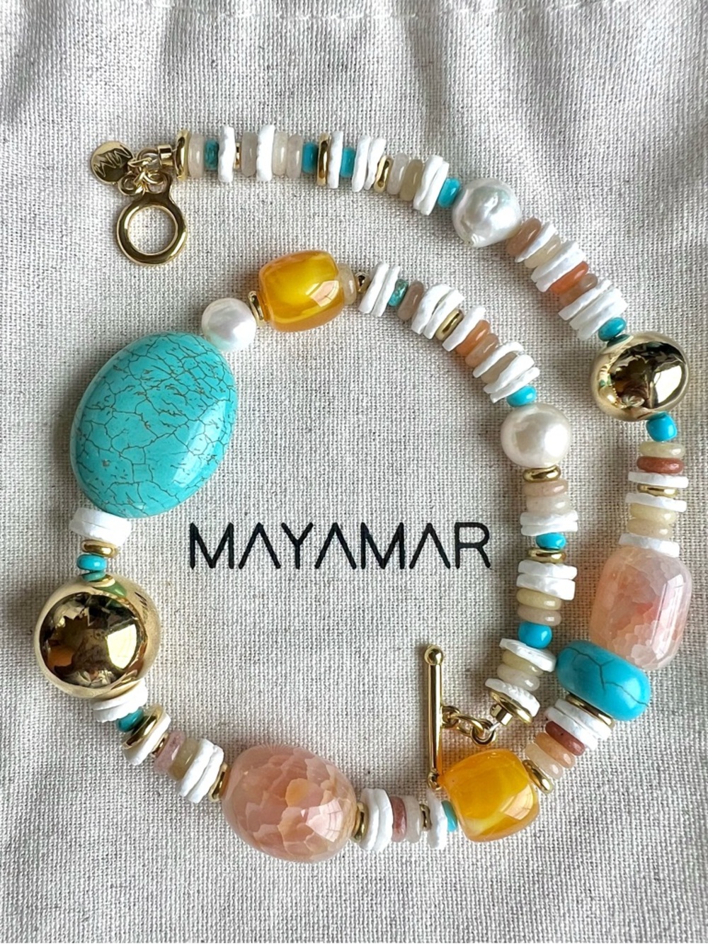 24k Gold Plated Turquoise, Agate, Topaz, Freshwater Pearl Necklace NWOT